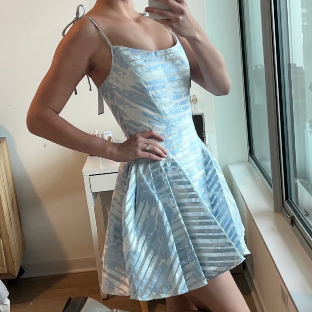 NEW BLACK HALO Rosana Tie-Strap Jacquard Organza Fit & Flare Mini Dress Blue NWT